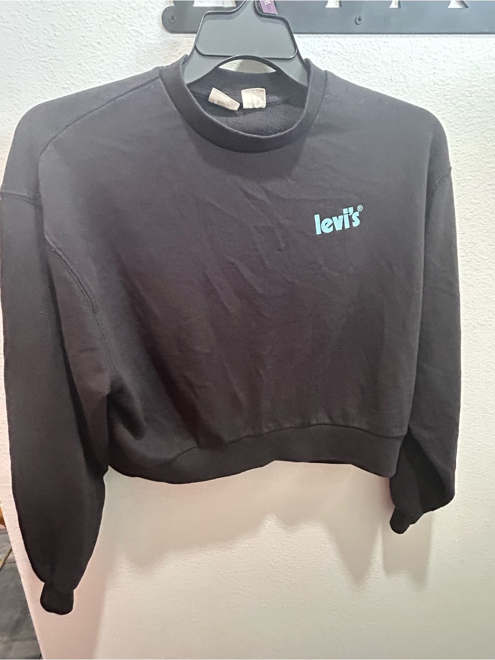 Levi's Black Cropped Crewneck Sweater with Teal Logo